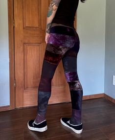 These unique leggings are constructed with hand-dyed, organic scraps and remnants. This sleek, original design, has a form fitting hi-rise waist band. Measuring 15" to the top of the waistband. One pocket.  This particular pair would fit an xsmall best due to the placement of the velour panels.  Current inseam is 32", but can be altered upon purchase. Each purchase comes with $100 insurance. Additional insurance is available in another listing.  This garment also comes with a free alteration and Fitted Patchwork Pants, Fitted Full-length Patchwork Pants, Fitted Patchwork Bottoms For Festival, Unique Leggings, Stripe Leggings, Legging Outfits, Striped Leggings, Outfits With Leggings, Original Design