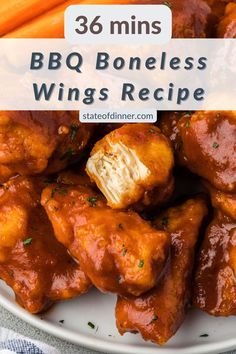 A serving of the best game day appetizer, the BBQ boneless wings recipe, on a plate. Bbq Boneless Wings, Boneless Wings Recipe, Barbeque Wings, Boneless Wing Recipes, Breaded Chicken Wings, Bbq Wings Recipe, Bbq Chicken Wings Recipe, Boneless Chicken Wings, Wing Sauce Recipes