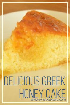 a piece of delicious greek honey cake on a white plate with the words delicious greek honey cake