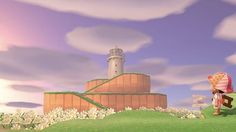 a cartoon character is standing in front of a lighthouse