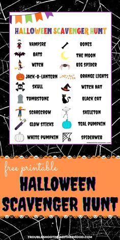 Text: free printable halloween scavenger hunt. Image: scavenger hunt worksheet. Outdoor Halloween Scavenger Hunt, Fun Halloween Games For Kids, Diy Halloween Art