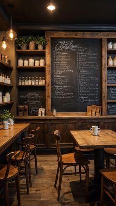 the inside of a restaurant with tables, chairs and chalkboard menu on the wall