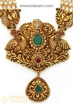 22K Gold "Peacock" Long Necklace with Color Stone, Onyx Stones & Culture Pearls (Temple Jewellery) - 235-GN5667 in 79.150 Grams Gold Kundan Peacock Pendant Necklace, 22k Gold Necklace With Peacock Design For Gift, 22k Gold Necklace With Peacock Design As Gift, Formal Temple Jewelry Necklace With Peacock Design, Formal Peacock Design Necklace For Festivals, Formal Gold Necklace With Peacock Design, 22k Gold Peacock Temple Necklace, Gold Peacock, Pearl Jewellery