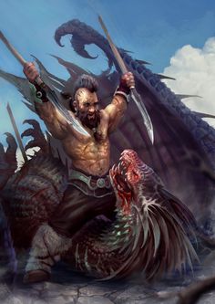 a painting of a man holding two swords in front of a dragon and another creature