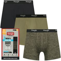 Our Wrangler Men's Cooling Boxer Briefs are just what you need for your busy day. The lightweight stretch fabric keeps you cool and moves with you to keep you comfortable, fresh, and dry all day long. These boxer briefs feature a Smooth Comfort waistband and roomy gusseted design where you need it most. Strategically designed to meet your active work and lifestyle performance needs. Available in a stylish 3 Pack. Size: 3XL.  Color: Green.  Gender: male.  Age Group: adult. Sports Boxer Briefs With Moisture-wicking, Compressive Moisture-wicking Boxer Briefs For Sports, Sporty Midweight Multi-pack Boxer Briefs, Functional Midweight Boxer Briefs Multi-pack, Compressive Sports Boxer Briefs Multi-pack, Busy Day, Boxer Briefs, Keep Your Cool, Package Design