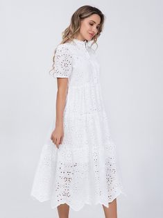 Cotton Hollow Out High Waist Ruffled A-Line White Dress Ruffled Mini Dress, Backless Evening Dress, Spaghetti Strap Maxi Dress, Printed Summer Dresses, White Dresses For Women, Summer White, Half Sleeve Dresses, Backless Maxi Dresses, Lace Bodycon Dress