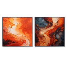 two abstract paintings with orange and blue colors