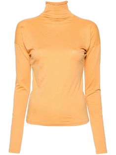 orange cotton blend jersey texture high neck drop shoulder long sleeves straight hem Spring Fine Knit Turtleneck With Funnel Neck, High Neck Solid Tops For Fall, Solid High Neck Fine Knit Top, Fall Turtleneck Top, Solid Turtleneck Long Sleeve Top For Work, Solid Color Turtleneck Long Sleeve Top For Work, Solid High Neck Long Sleeve Top For Spring, Orange Winter Tops For Work, Orange Winter Workwear Tops