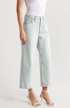 Made with a vintage-inspired baggy fit, these nonstretch jeans feature a light wash with an intriguing watery effect created during the wash process. 26" inseam; 18" leg opening; 12" front rise; 15" back rise (size 29) Button fly Five-pocket style 100% organic cotton Machine wash, tumble dry Made in Turkey Summer Cropped Tapered Leg Light Wash Jeans, Light Wash Cropped Tapered Jeans With Frayed Hem, Summer Faded Cropped Jeans With Five Pockets, Spring Light Wash Bleached Jeans, Faded Washed Cropped Rigid Denim Jeans, Faded High Waist Washed Cropped Jeans, High Waist Faded Washed Cropped Jeans, Faded High-waist Washed Cropped Jeans, High Waist Faded Cropped Jeans