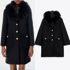 Brand New With Tags. Removable Faux Fur. Size Medium. Classic Black Outerwear With Faux Fur Trim, Winter Workwear Outerwear With Faux Fur Trim, Chic Zara Pea Coat For Winter, Luxury Zara Outerwear For Work, Zara Outerwear With Faux Fur Lining For Work, Luxury Outerwear With Faux Fur Trim For Work, Fitted Jean Jacket, Faux Fur Collar Coat, Zara Tweed