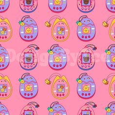 a pink background with many colorful objects on it