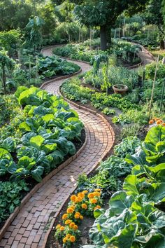 a garden filled with lots of different types of plants and flowers on top of brick walkways