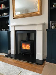 a wood burning stove in a living room