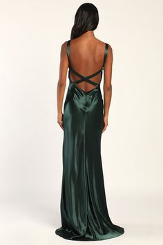 Green Maxi Dress - Satin Maxi Dress - Strappy Maxi Dress - Lulus Backless Prom Dresses Green, Emerald Green Dress Low Back, Emerald Green Satin Dress Bridesmaid, Lulus Green Dress, Satin Low Back Dress, Open Back Green Dress, Long Dark Green Silk Dress, Smaragd Green Dress, Long Emerald Green Dress