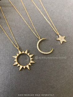 Gold Sun and Moon charm necklace, Sun moon star layered necklaces, Gold layered necklaces, minimalist jewelry, BFF gifts, gift for sisters These Sun, Moon, and Star Charm Necklaces, perfect for Sisters and BFFs. These dainty necklaces feature delicate sun, moon, and star charms, symbolizing eternal bond and friendship. With their elegant design, they are stylish and meaningful jewelry for everyday wear. Celebrate the special connection with your sister or best friend through these beautiful charm necklaces. --------------------------------------------------------------------- ★ Sun, Moon and Star Necklace Sold SEPARATELY. ☾ Listing is for ONE charm necklace.   --------------------------------------------------------------------- ** DETAILS ** *Sun Measures approx. 20mm *Star measures appro Sun Moon Necklace, قلادات متدلية, Necklace Sun, Sun And Moon Necklace, Celestial Sun, Necklace Moon, Sun Necklace, Moon And Sun, Back Necklace