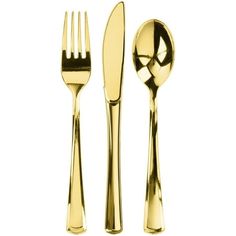 a set of gold colored utensils on a white background