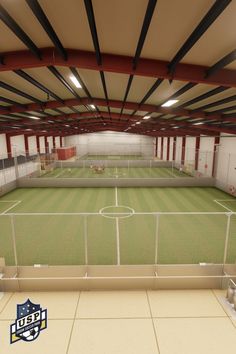 an indoor soccer field is shown in this 3d image, with the goalie's view from the far end