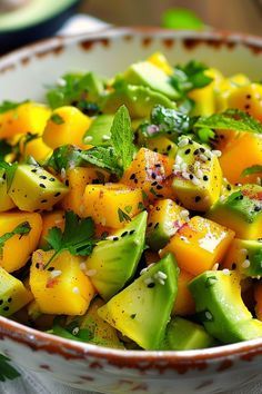 a close up of a bowl of food with avocado