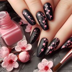 May Flower Nails, Black And Pink Flower Nails, Black Flowers Nails, Black Pink Nail Art, Pink Tip Nails, Cozy Colors, Feet Nail Design, Fall Nail Ideas