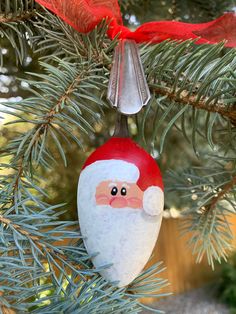 a christmas ornament hanging from a pine tree