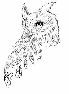 black and white drawing of an owl with big eyes