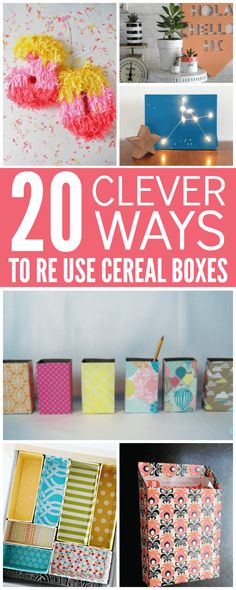 several different ways to reuse cereal boxes with text overlay that reads, 20 clever and