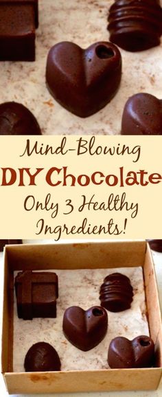 chocolates in a box with the words, mind blowing dry chocolate only 3 healthy ingredients