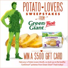 an advertisement for potato lovers sweeps from green giant with a man in costume and potatoes