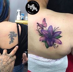 a woman with tattoos on her back and the same image as she shows off her tattoo