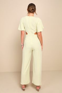 Once you arrive at your destination, enjoy the warm breeze and the Lulus Summer Journey Light Green Tie-Front Cutout Jumpsuit! Lightweight linen-blend woven fabric shapes this breezy jumpsuit with a deep V-neckline, a tie-front bodice, and fluttering short sleeves. A fitted waist with side cutouts sweeps down to a flowy wide pant legs. Hidden back zipper/clasp. Fit: This garment runs large - please size down. Length: Floor length. Size medium measures 56.5" from shoulder to hem. Inseam: 27.00 Fr Green Tie, Lulu Fashion, Wide Pants, Wide Leg Jumpsuit, Personal Marketing, Woven Fabric, Linen Blend, Floor Length, Light Green