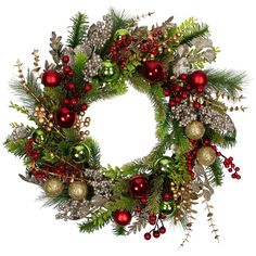 a christmas wreath with ornaments and greenery is shown in red, silver and gold