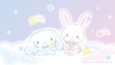 two cartoon rabbits sitting on top of clouds with stars and moon in the sky behind them