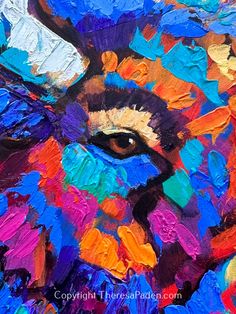 an oil painting of a colorful cow's face