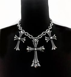 Omne Trium Perfectum -High Quality Silver Stainless Steel Statement Necklace with 3 Crosses, Large and Medium Size Gothic Punk Edgy Crosses * Stainless Steel Chain & Charms * Includes a 3" extension for adjustability * Handmade in Los Angeles Upside Down Cross Necklace, Big Cross Necklace, Gothic Necklaces, 3 Crosses, Dope Jewelry Accessories, Punk Necklace, Cross Necklaces, Jewelry Accessories Ideas, Dope Jewelry