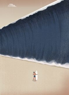 a man standing in front of a giant wave