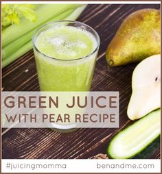 a green juice with pears and celery on a wooden table next to an apple