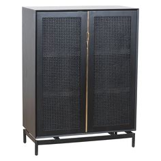 a black cabinet with two doors and gold trimmings on the front, against a white background