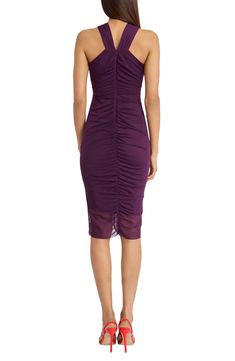 Ruched ripples radiating shape the figure-hugging silhouette of this body-con midi dress that's begging for cocktail hour. 38" length Hidden back-zip closure Halter neck Sleeveless, with cutaway shoulders Lined 100% polyester Hand wash, dry flat Imported Stretch Midi Dress With Ruched Bodice For Cocktail, Cocktail Midi Dress With Ruched Bodice And Stretch, Bodycon Midi Dress With Ruched Back, Ruched Midi-length Bodycon Dress For Cocktail, Bodycon Knee-length Midi Dress With Ruched Back, Midi Bodycon Dress With Ruched Back For Date Night, Knee-length Bodycon Midi Dress With Ruched Back, Date Night Midi Bodycon Dress With Ruched Back, Midi-length Bodycon Dress With Ruched Back For Date Night