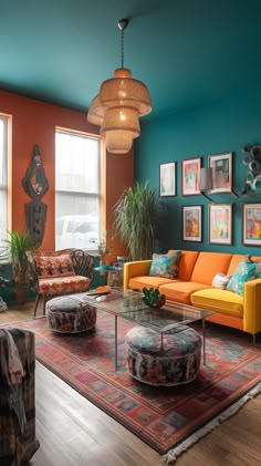 An eclectic living room with an orange couch and teal walls Eclectic Living Room Design, Bold Living Room, Drawing Room Decor, Eclectic Interior Design, Interior Vintage, Eclectic Living Room, Decorating Styles, Decoration Inspiration