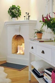 a living room with a fireplace and some plants on the table next to it,