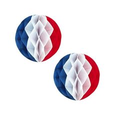 two red, white and blue paper balls