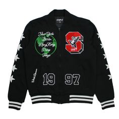 Buy Staple Pigeon Fleece Baseball Jacket in Black - Swaggerlikeme.com Fall Streetwear Sweatshirt With Baseball Collar, Black Outerwear With Embroidered Graphics And Long Sleeves, Black Long Sleeve Outerwear With Embroidered Graphics, Fall Varsity Sweatshirt With Baseball Collar, Winter College Sweatshirt With Baseball Collar, Fleece Long Sleeve Track Jacket For Streetwear, Long Sleeve Fleece Track Jacket For Streetwear, Casual Varsity Jacket With Embroidered Graphics, Casual Cotton Varsity Jacket With Embroidered Graphics