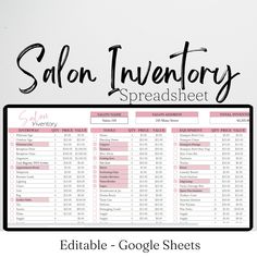 an image of a spreadsheet with the words salon inventory spreadsheet on it