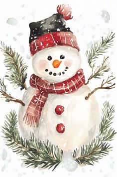 a watercolor painting of a snowman wearing a red hat and scarf with pine branches