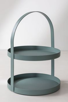 two tiered trays with curved handles on each side, one in blue and the other in grey