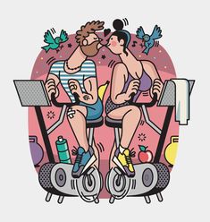 two people riding stationary exercise bikes in front of a pink background with birds flying around