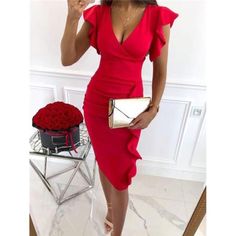 -Item Id 32412057 -Color: Red -Style: Elegant -Pattern Type: Plain -Type: Bodycon, Fitted -Details: Ruffle, Wrap, Split -Neckline: V Neck -Sleeve Length: Sleeveless -Sleeve Type: Flounce Sleeve -Waist Line: High Waist -Hem Shaped: Pencil, Straight -Length: Midi -Fit Type: Slim Fit -Fabric: Medium Stretch -Material: Fabric -Composition: 60% Polyester, 35% Viscose, 5% Elastane -Care Instructions: Machine Wash Or Professional Dry Clean -Sheer: No **Open To Offers!!!** **Bundle To Save More** **30% Estilo Chic, Ruffled Sleeves, Style Chic, Outfit Casual, Buy Dress, Winter Looks, Boutique Dresses, Party Fashion, Red Fashion