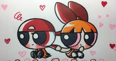 a drawing of two cartoon characters with hearts in the background