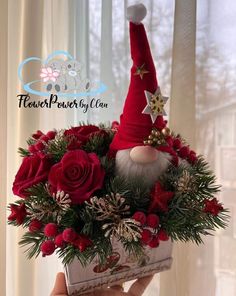 a hand holding a box filled with red flowers and an elf's hat on top