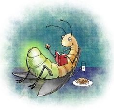 an insect is reading a book while sitting in a chair with a plate of food